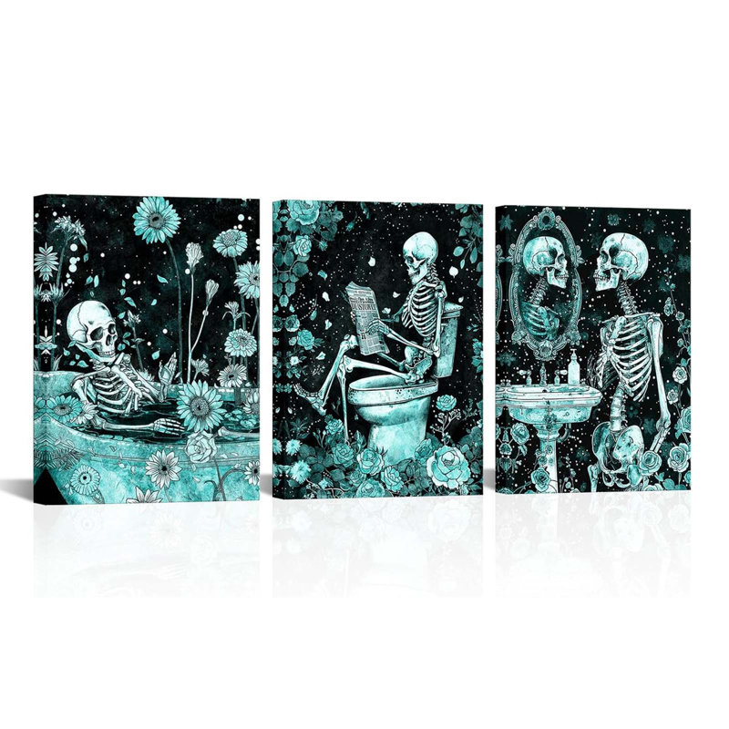 Skeleton Bathroom Decor Moody Skeleton Wall Art Pictures For Bathroom Gothic Painting For Home Decoration Framed 12X16 Inch Each Piece