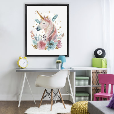 Floral Unicorn with Gold Details Floating Frame, design by LSR Design Studio
