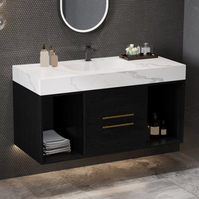 Meuble-lavabo 39,4 po avec lavabo en céramique, meuble-lavabo flottant, armoire de rangement murale avec 2 tiroirs et 2 espaces de rangement, meuble-lavabo moderne avec poignées en métal