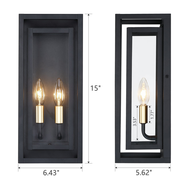 15" Classical Outdoor Wall Light With Glass Shade, Rectangular Wall Sconce In Matte Black，Waterproof