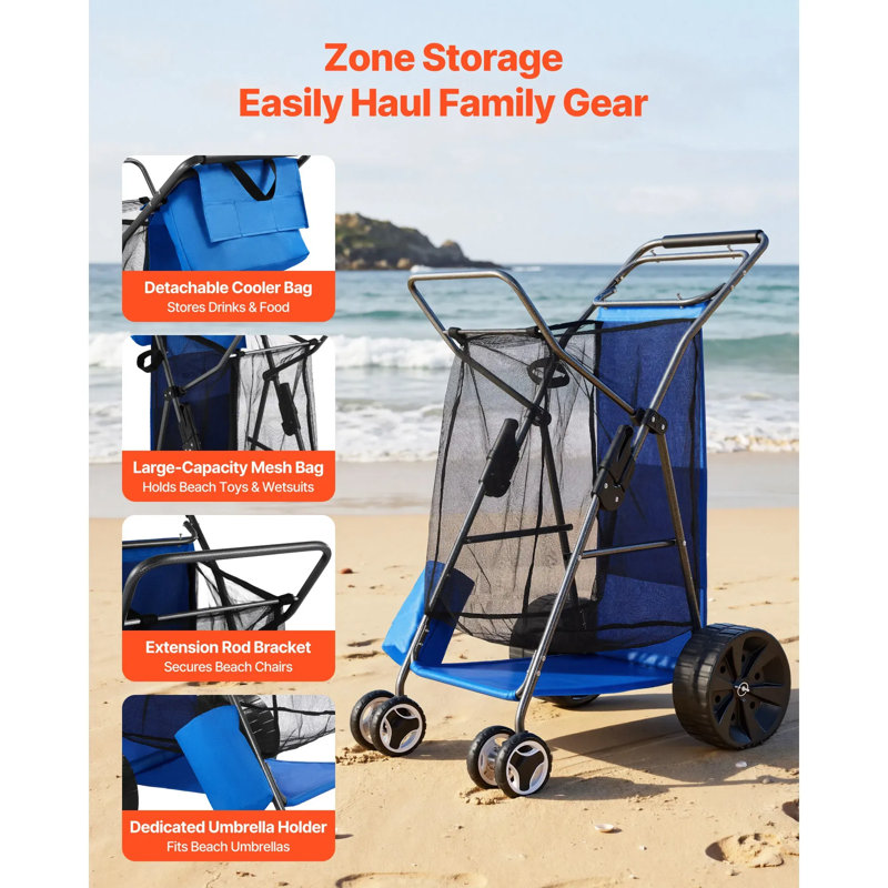 Beach Dolly With Big Wheels For Sand, Folding Sand Cart , 165 Lbs Loading Capacity , Heavy Duty Cart For Beach Camping Fishing Garden