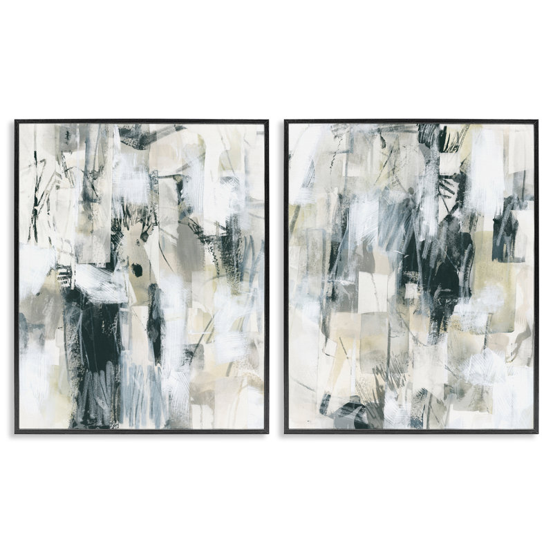 Abstrait gris anthracite et beige, ensemble de 2 estampes numériques encadrées par June Erica Vess, H 14 po x l 11 po