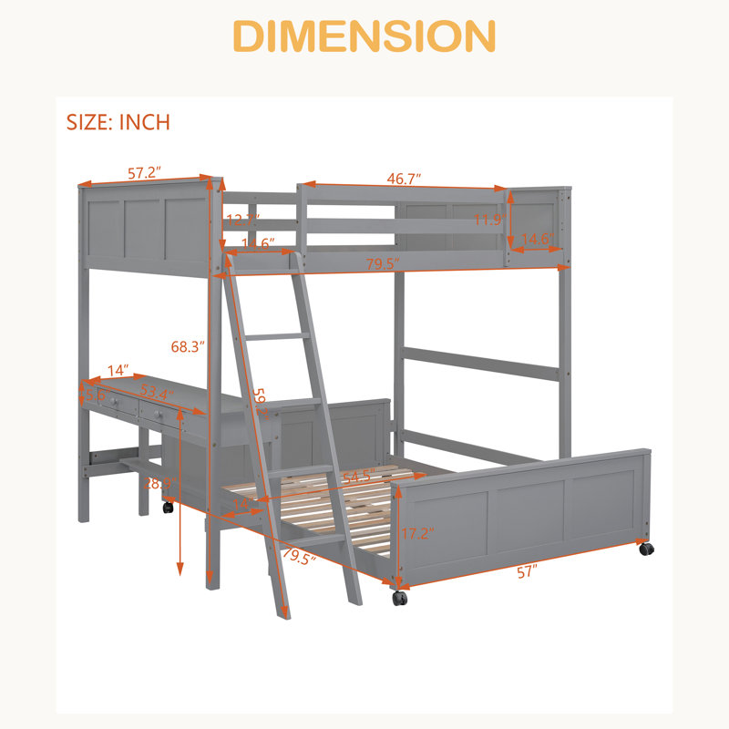 Lit superposé avec bureau, Gris, Lit superposé double sur double