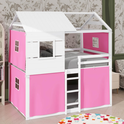 Lit simple superposé en bois, lit maison avec fenêtres et tente, cadre de lit mezzanine bas avec garde-corps protecteur