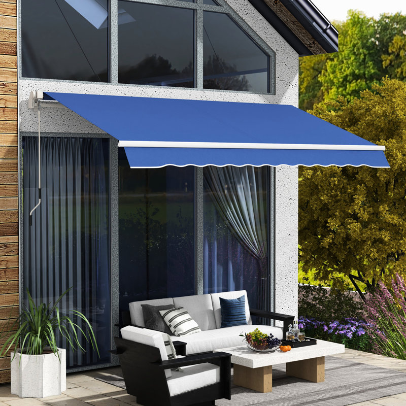 Auvent rétractable bleu foncé, 12 pi x 10 pi, tissu 280G / M et eau, manivelle manuelle, cadre en aluminium pour différentes surfaces Auvent de balcon de 10 pi, terrasse, cour
