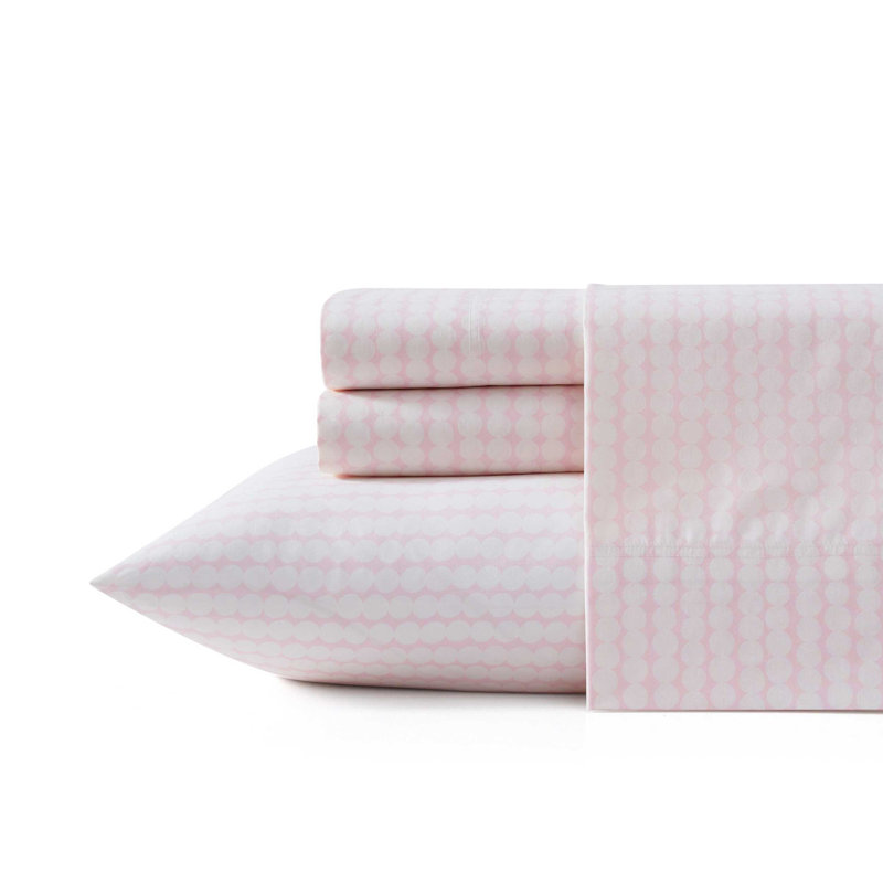 Marimekko Printed Cotton Percale Sheet Sets, King Sheet Set with 2 King Pillowcases, Pink Poka Dot