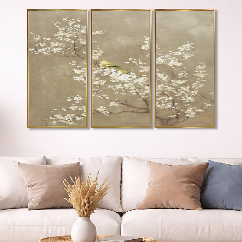 «Cherry Blossom III», reproduction sur toile flottante 3 pièces, Cadre doré, L 48 po x H 32 po