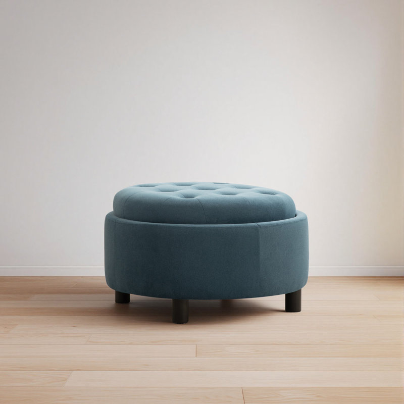Upholstered Round Ottoman With Reversible Lid, Blue
