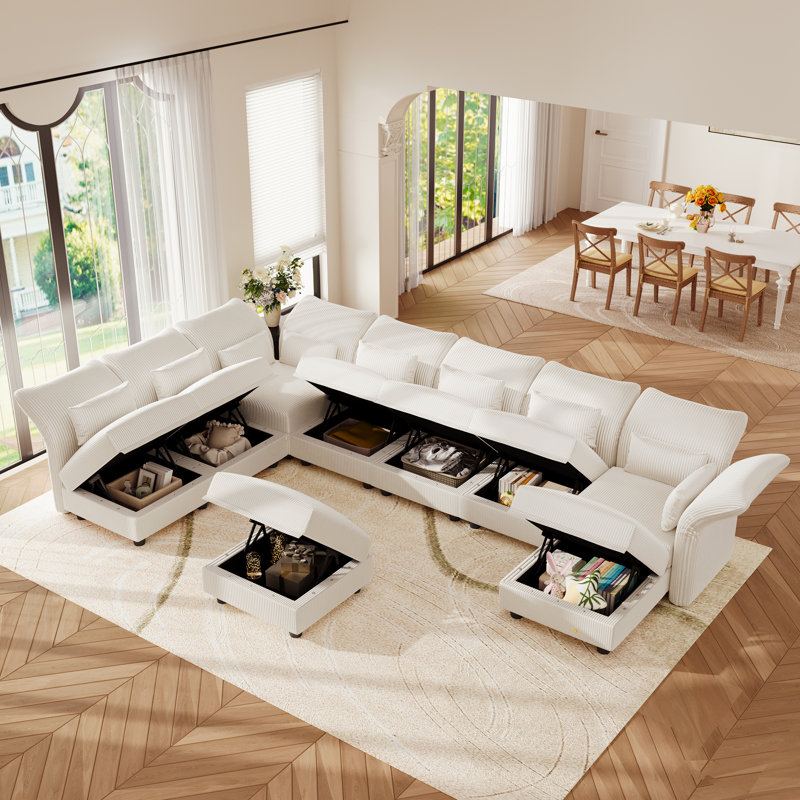 U-Shaped Upholstered Modular Sectional Sofa With Storage, 9 Seat  Corduroy  Couche With Adjustable Arms Backs,Plush Supportive Cushions, Beige