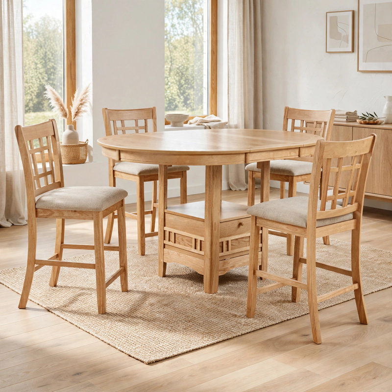 Ensemble de salle à manger extensible à hauteur de comptoir 5 pièces Lessa, beige, brun chêne clair