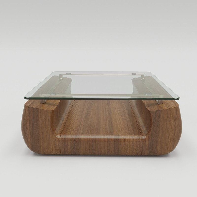 Modern Walnut & Glass Coffee Table, Curved Wooden Design with Tempered Glass Top, Open Storage Shelf, Mid-Century Center Table for Living Room