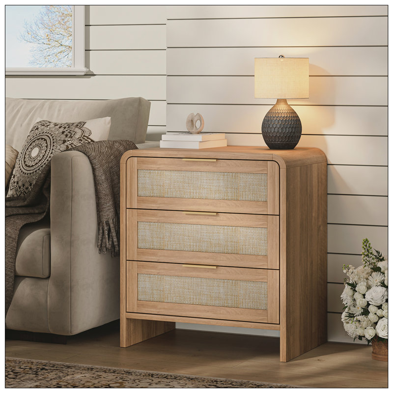 Table de chevet courbée en rotin avec 3 tiroirs pour la chambre à coucher, Caramel, Individuel