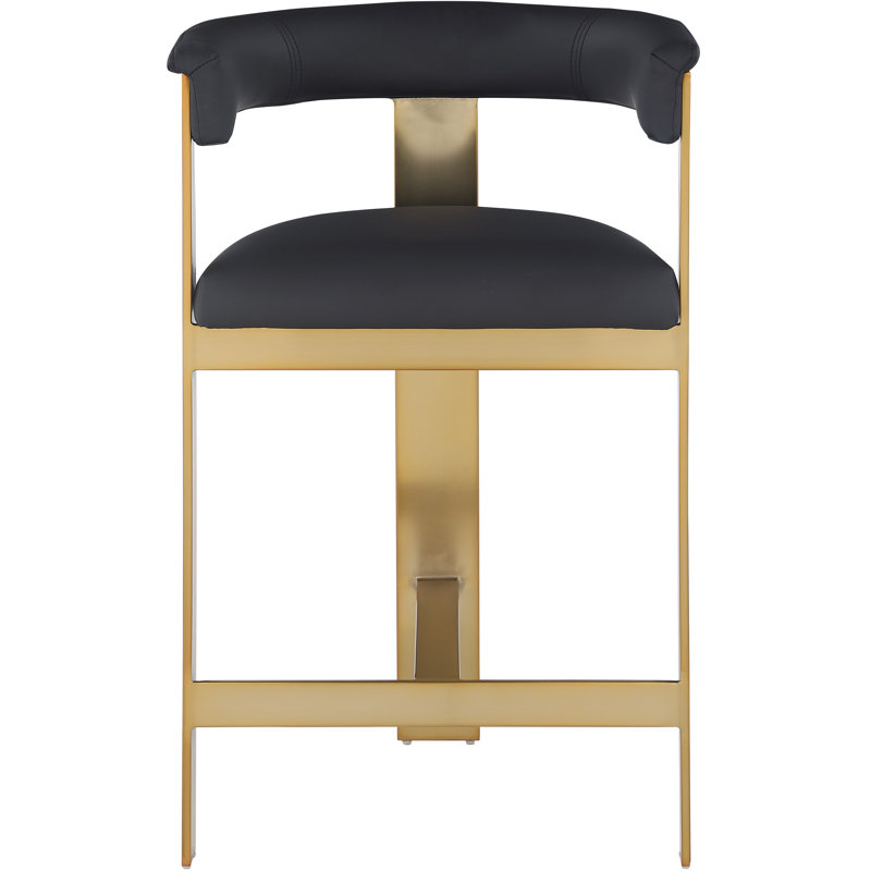 Tabouret de comptoir Romeo Hermi, Cuir végétalien noir, Or brossé