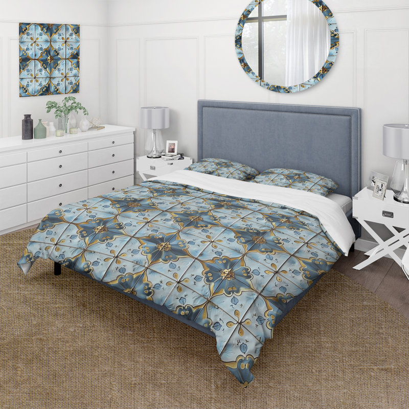 Ensemble de housse de couette à motif floral bleu et doré Vintage II, Housse de couette très grand + 2 taies décorativ