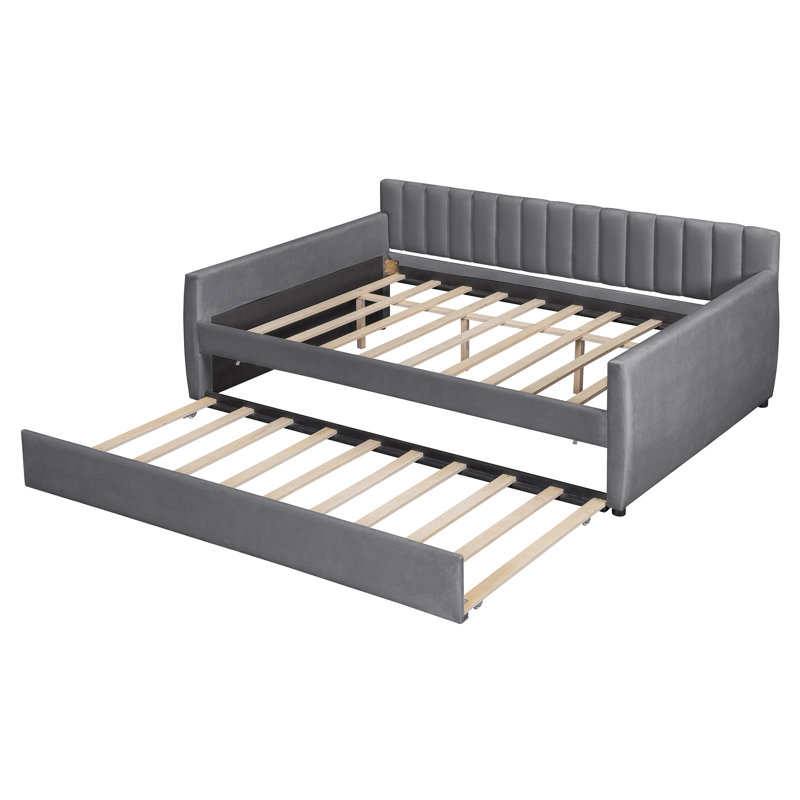Uriah Velvet Upholstered Daybed with Trundle & Wood Slat Support, Gray