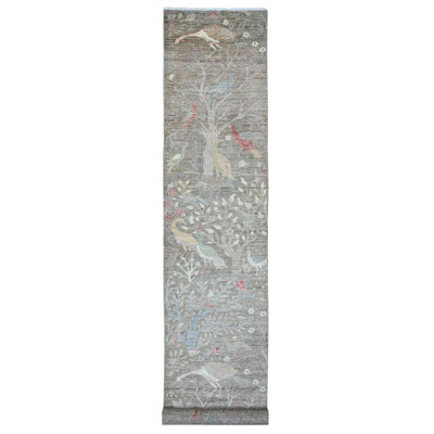 Tapis de couloir oriental brun moyen noué à la main 2 pi 9 po x 15 pi 9 po Peshawar avec des oiseaux du paradis, teinture végétale, laine douce