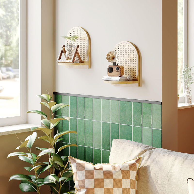2 Pack Wooden Small Wall Shelf, 7''Natural Rattan Shelf with Wicker Decor