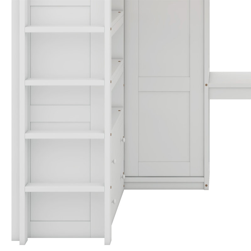 Lit mezzanine en bois avec garde-robe intégré, bureau, tablettes de rangement et tiroirs, Blanc