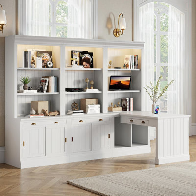 Ensemble de bibliothèque moderne 3 pièces, 83 po de hauteur avec éclairage DEL, portes et tiroirs coulissants, panneau de fibres à densité moyenne blanc pour bureau à domicile