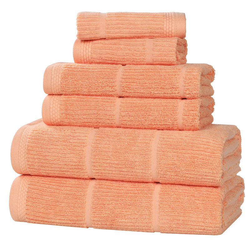 Milo Smart Twist Viscose Cotton Blend Medium Weight Quick Dry Solid Ribbed 6 Piece Bath Towel Set, Peach, 6 Piece Towel Set