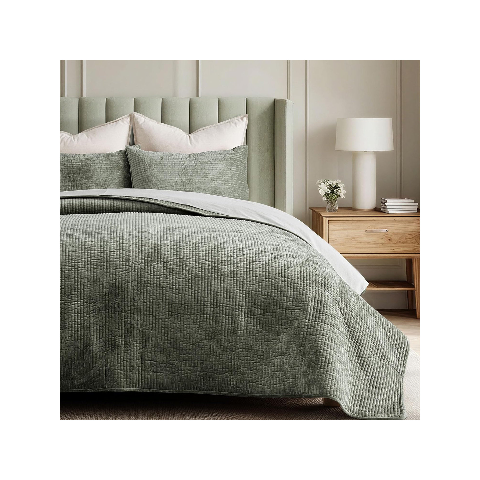 Striped Channel Velvet Quilt Set, Dried Thyme, Queen