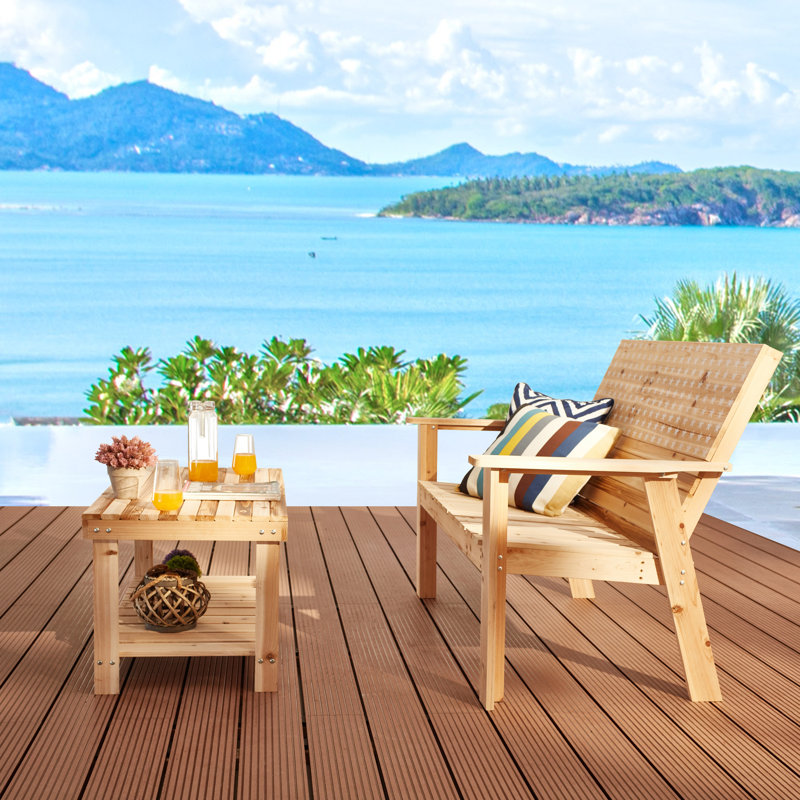 2-Piece Wood Patio Conversation Set With Bench And Slatted Coffee Table