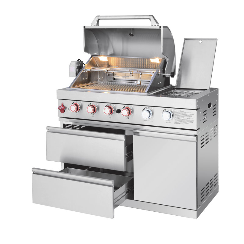 Îlot de cuisine extérieur 85,2 pouces 4 + 1 brûleur barbecue au propane 71500 BTU acier inoxydable 304 couleur argent avec CSA, certification ETL + évier + réfrigérateur + table de bar