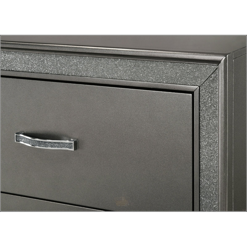 Table de chevet contemporaine 1 pièce avec accents étincelants, deux tiroirs et finition gris foncé pour un rangement de chevet élégant