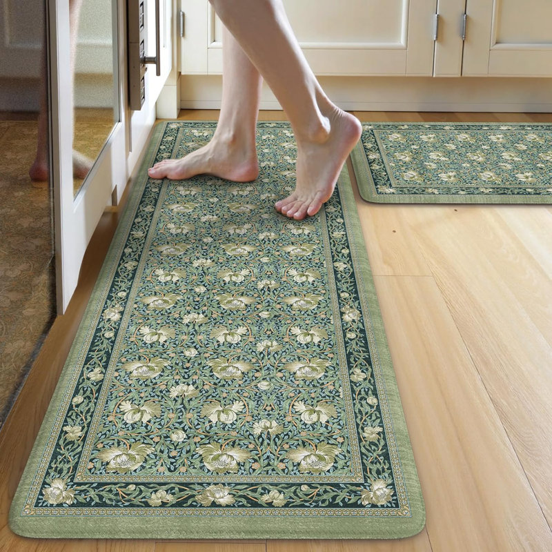 Sets of 2 Comfort Boho Vintage Floral Sink Rug, Green, 119cm L x 44cm W