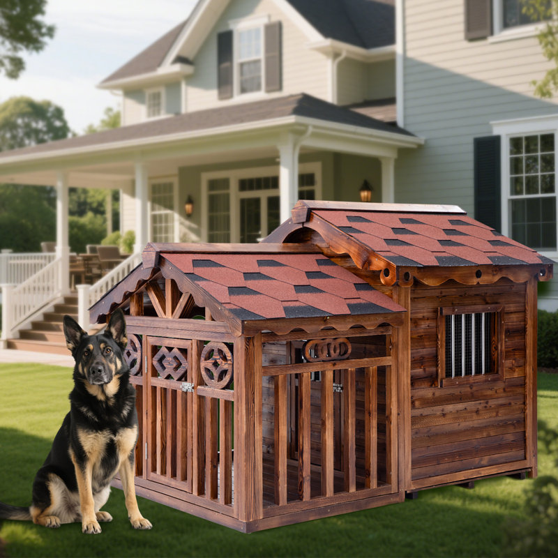 Niche pour chien d'extérieur en bois massif avec cage de patio, H 49 po x l 66 po x P 47 po