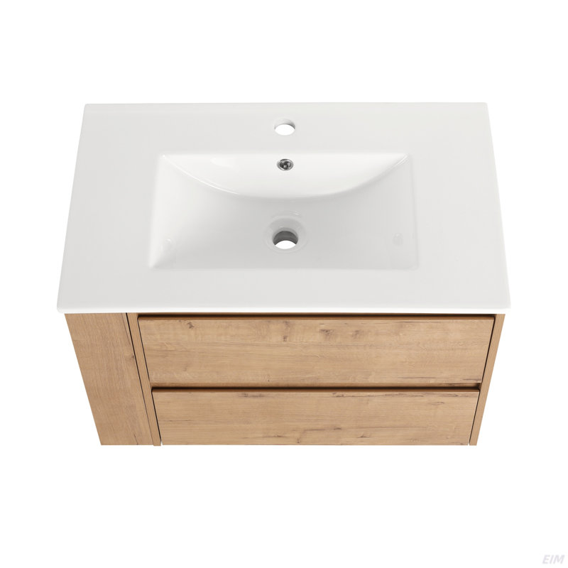 Meuble-lavabo mural 30 po avec lavabo en céramique à 2 tiroirs à fermeture en douceur