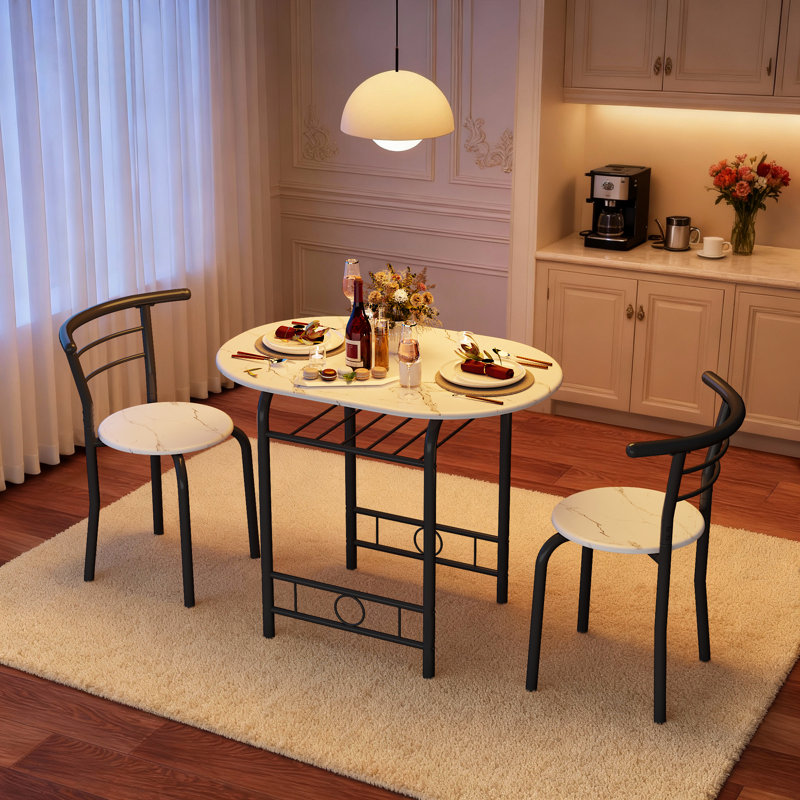 2-Person Dining Set with Storage Shelf, Space-Saving Design, White/Black
