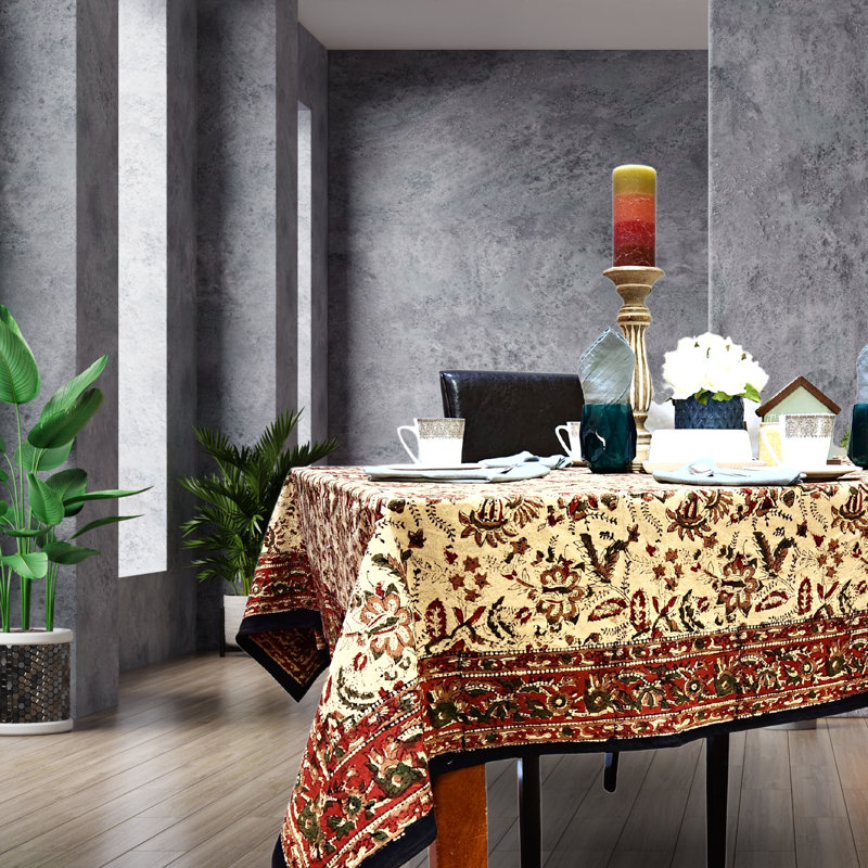 Block Print Cotton Floral Tablecloth Collection, 60" W x 90" L