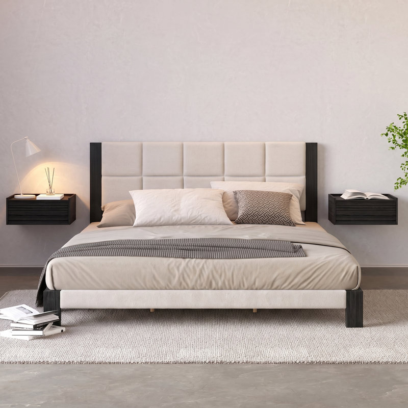 Kyrie Boucle Upholstered Bed With Square-Stitched Headboard & Wood Legs, California King