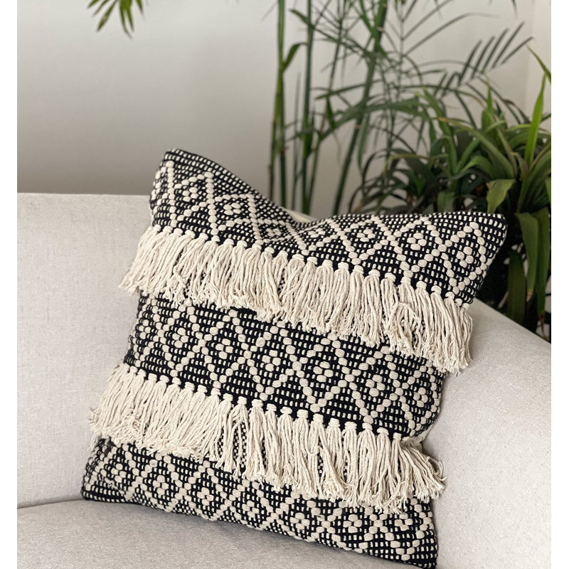 Black and Ivory Cotton Diamond Fringe Throw Pillow Covers, Set of 2