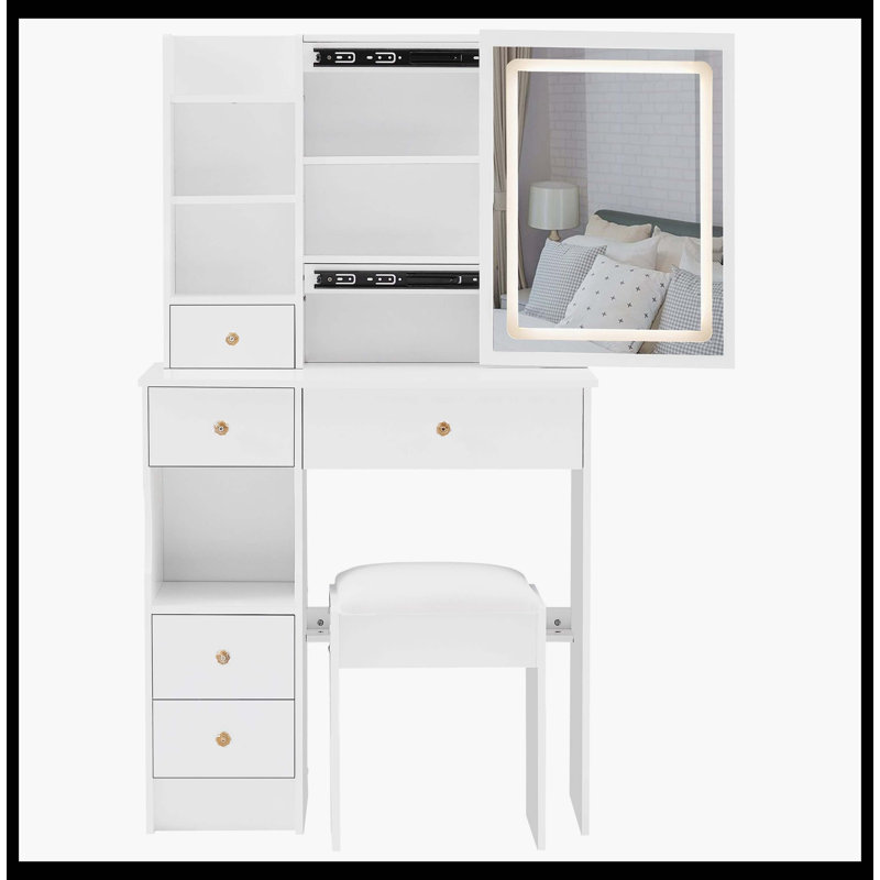 29.2" Small Size Left Drawer Desktop Vanity Table + Cushioned Stool, Large Sliding, Touch Control, Tri-Color Switching, Brightness Adjust LED Mirror, High Capacity Storage, Suitable For Small Space