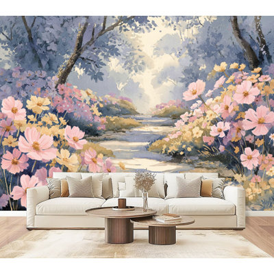 Papier peint autocollant Boho, aquarelle romantique, jardin, rose, jaune, lavande, fleurs murales, H 69 po x l 96 po, papier peint amovible en PVC, autocollant pour chambre à coucher, salon, chambre de bébé