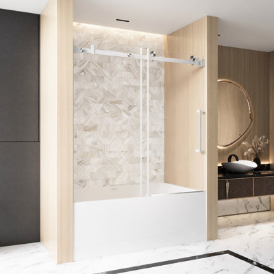 Porte de douche coulissante simple de 60 po de hauteur, 56 po de largeur, verre trempé transparent de 6 mm, film éclaté, rail en acier inoxydable et poignée en nickel brossé, convient aux décors de salle de bain, lisse