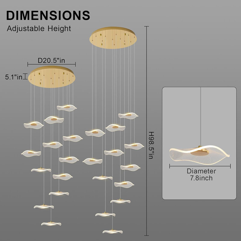High Ceiling Chandelier - Dimmable Modern Gold Long Spiral Luxury Linear Lotus Leaf Led Lamp Hanging Pendant Lights For Foyer Enterway Staircase Villas