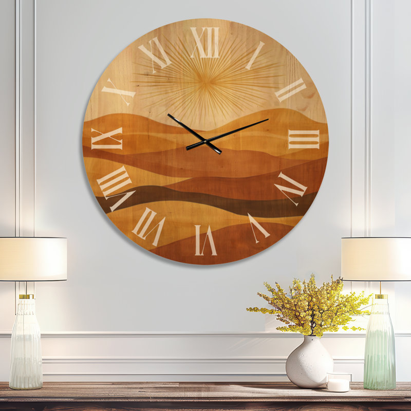 Horloge murale Botanical Vintage Silent Wood - Retro Sunset Over Desert Lines, Oversized