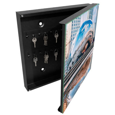Wall mounted key box, Opens to the left, 30x30x5, Black, A mirrored urban sculpture reflecting the city, 