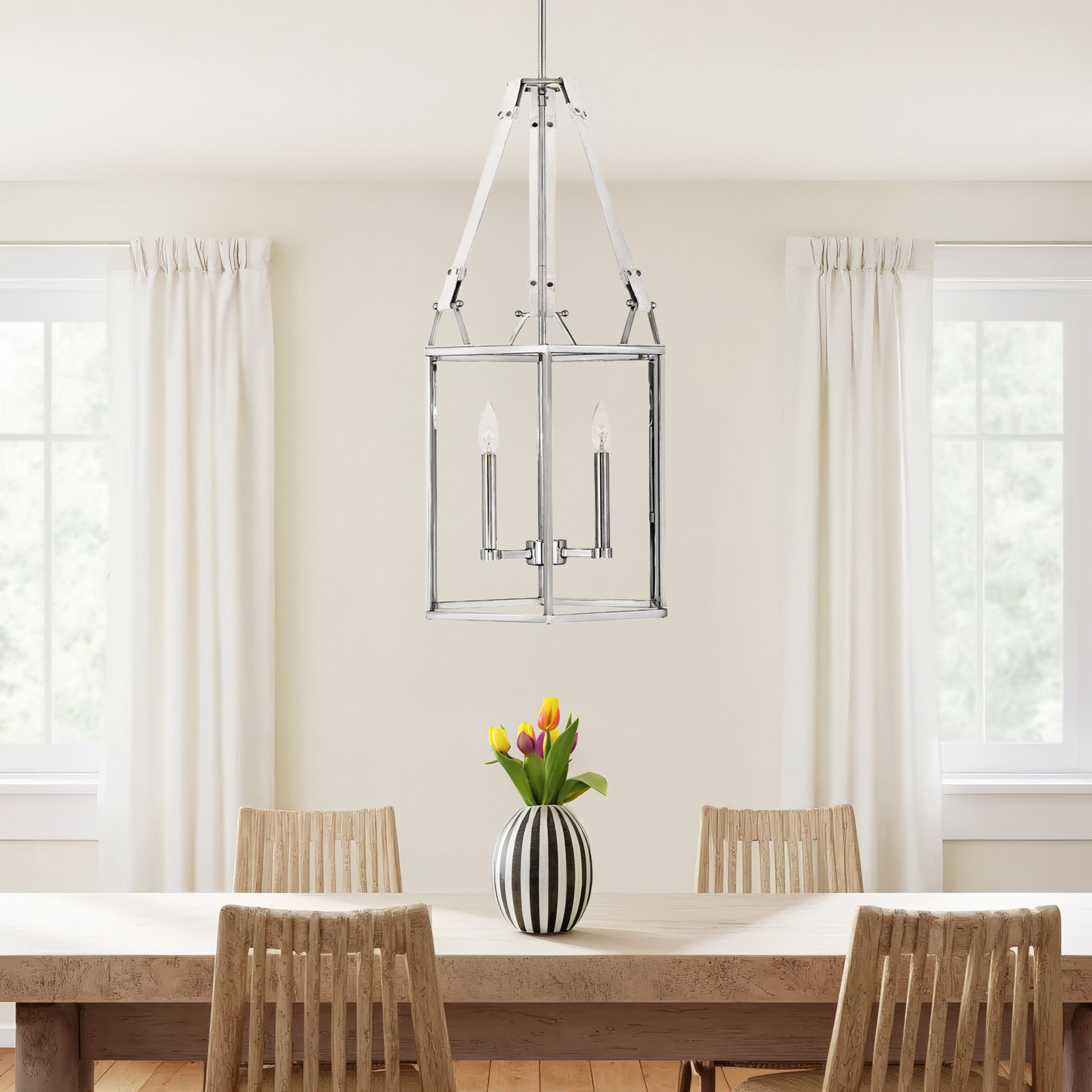 3 - Light Dimmable Lantern Chandelier, Polished Nickel