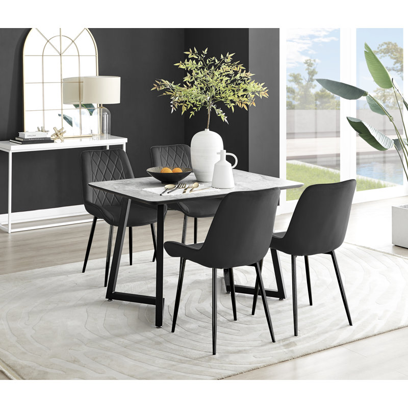 White Marble Effect Melamine Dining Table and Chairs - 4 Luxury Velvet Dining Chairs, Black