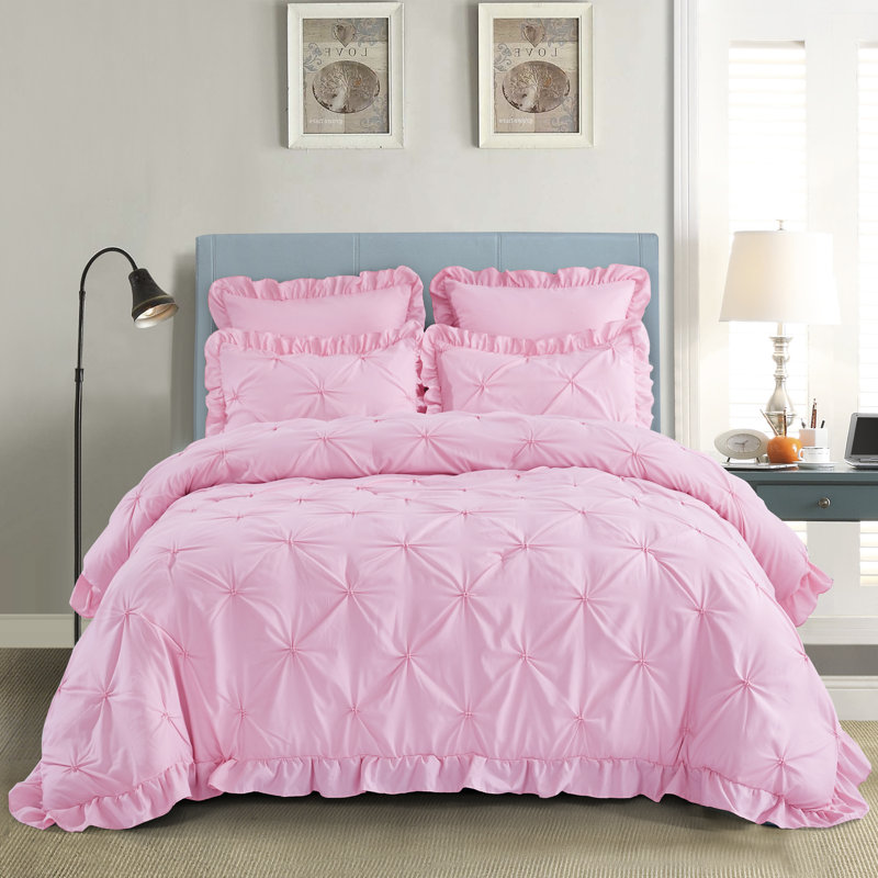 Ensemble d'édredon 5 pièces princesse romantique Pintuck, Édredon pour lit très grand + quatre taies déco, Rose