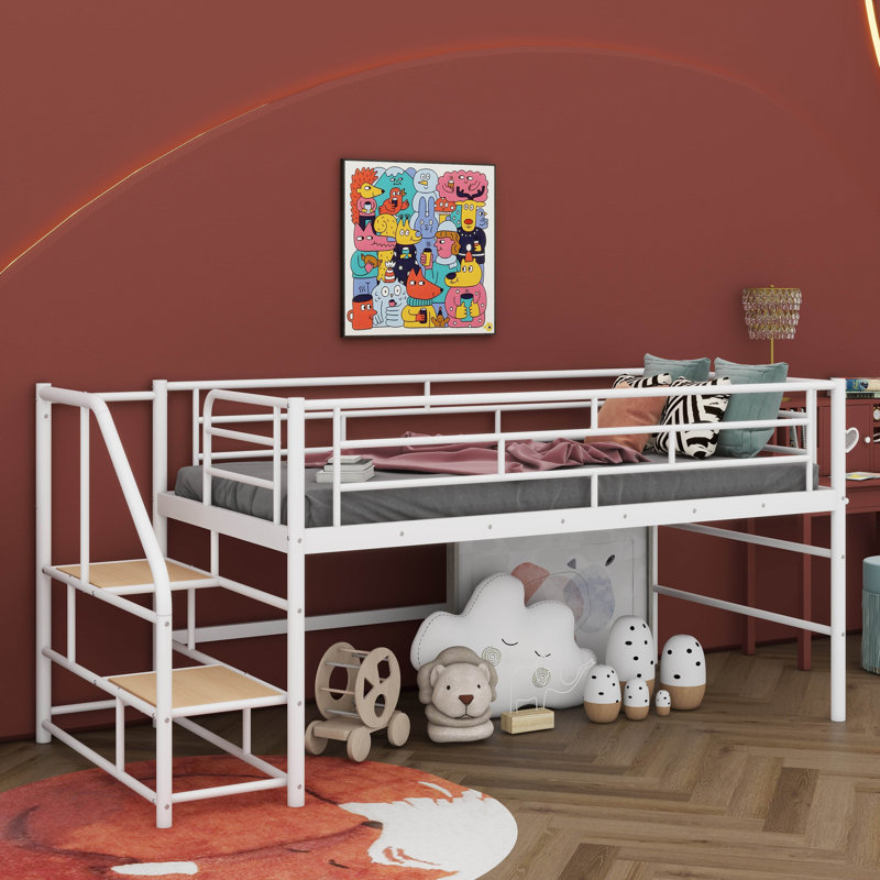 Lit mezzanine peu encombrant avec escalier de rangement intégré pour lit simple, Blanc