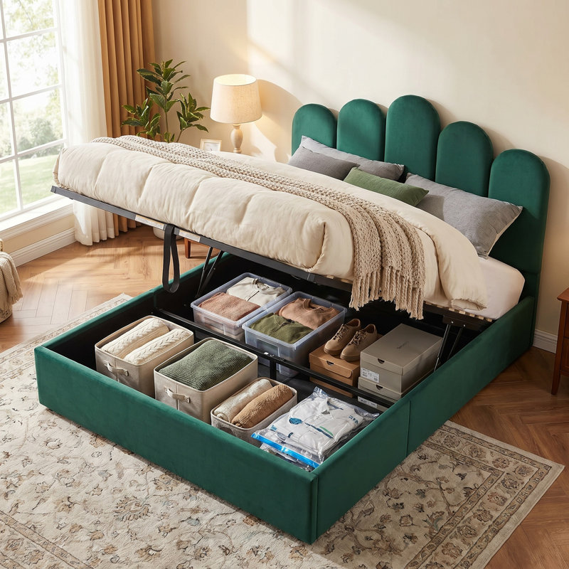 Velvet Palm-shaped Headboard Queen Bed Frame with Lift Up Storage, No Box Spring Needed, Green, Queen, Green