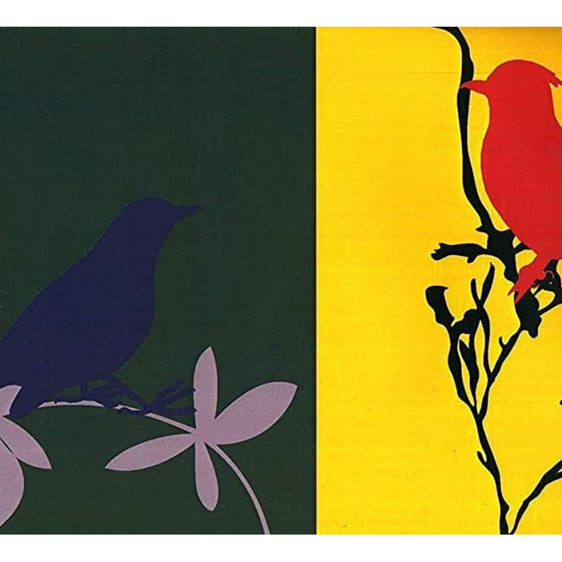 Papier peint abstrait oiseaux mauves Funchess, Rouge / Jaune / Bleu
