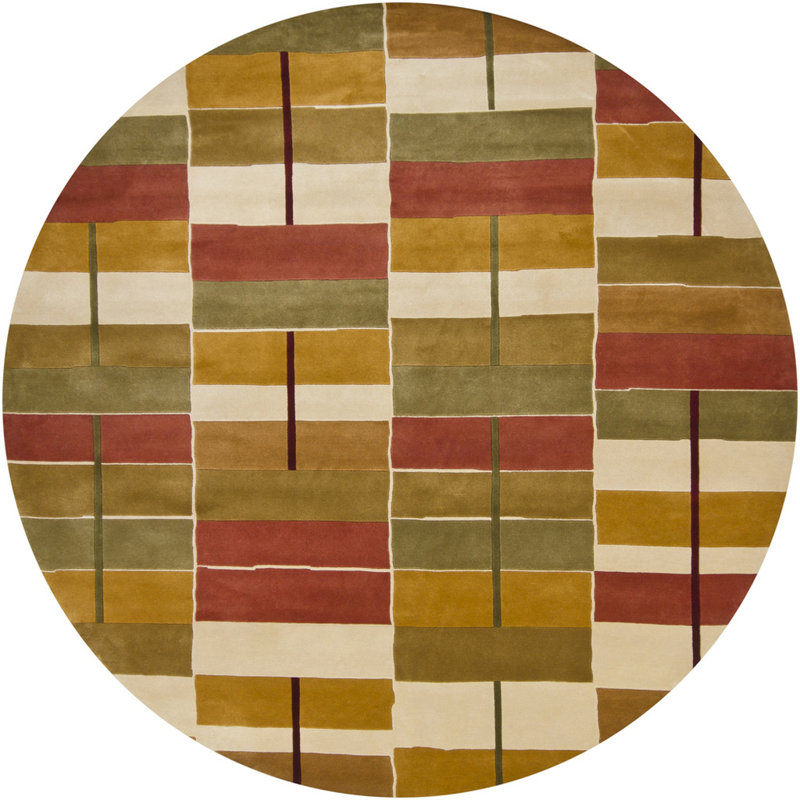 Aadi Geometric Hand-Knotted Wool Yellow/Green/Red/Ivory Area Rug, Round 7'9"