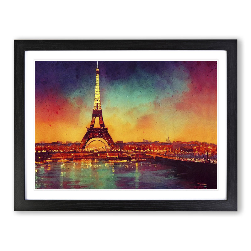 Eiffel Tower In Watercolour Vol.2 - Single Picture Frame Painting, 34cm H x 46cm W x 2cm D, Black