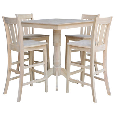 5 Piece Square Top Bar Height Dining Set With Four Matching San Remo Bar Height Slat Back Stools